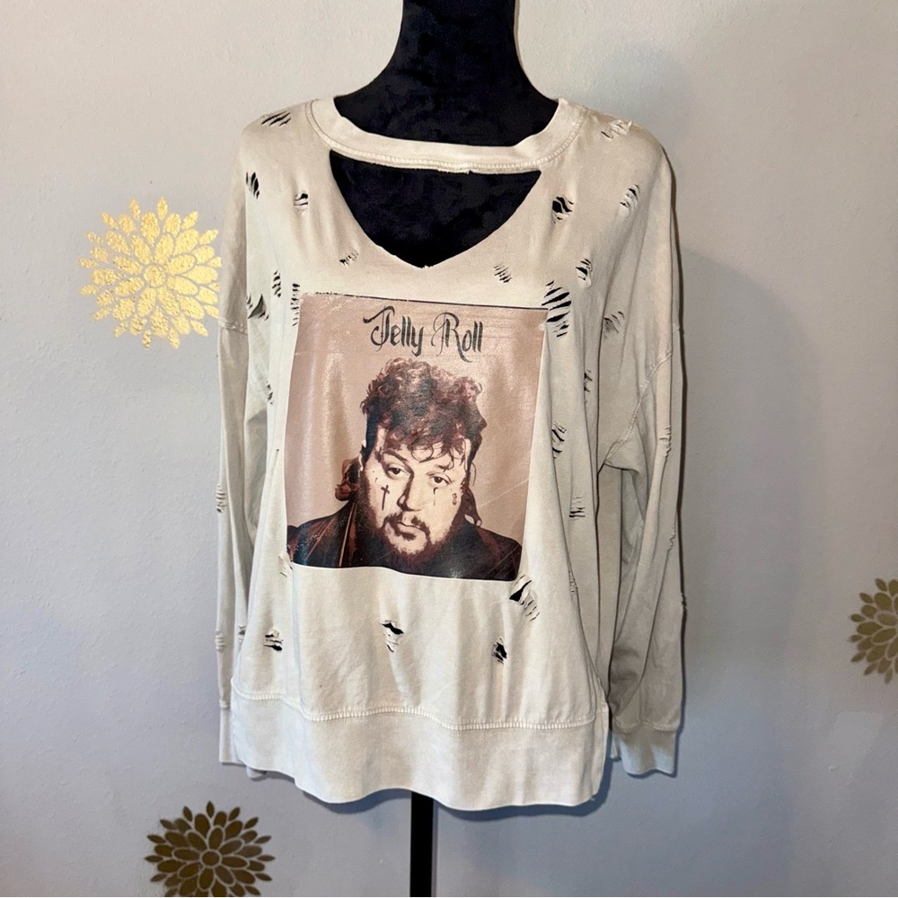 Jelly Roll Distressed L/S‎ T-Shirt Top Beige Brown Country Western Pop Ladies